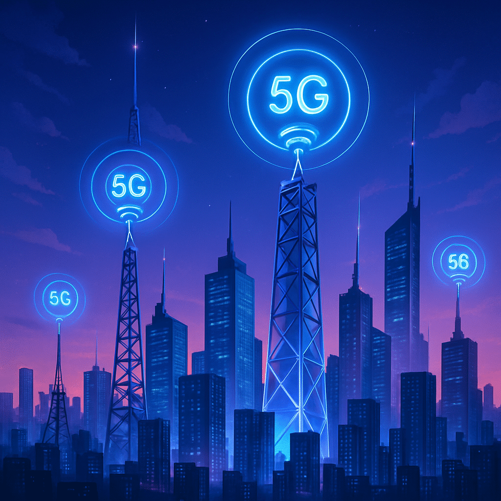 5G vs 6G – futurisztikus város felett világító bázisállomások és jelikonok, mobilhálózati fejlődést bemutató illusztráció