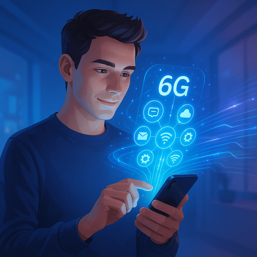 6G – fiatal férfi okostelefonon használ új generációs hálózati szolgáltatásokat, lebegő ikonokkal illusztrálva