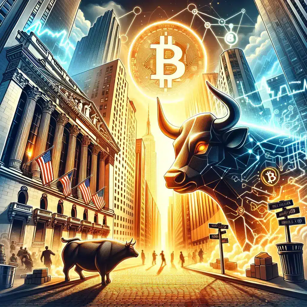Digitális bikapiac és Bitcoin szimbólum Wall Street környezetben, a Bitcoin 120 ezer dollár előrejelzést ábrázolva