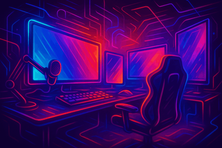 Neonfényes gamer stúdió több monitorral és mikrofonnal, az esport felemelkedése vizuális ábrázolásaként