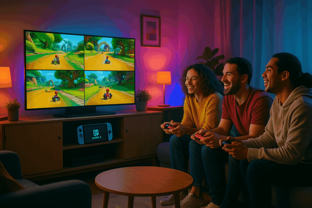 Barátok közösen játszanak Mario Kartot a Nintendo Switch 2 konzolon, színes megvilágítású nappaliban