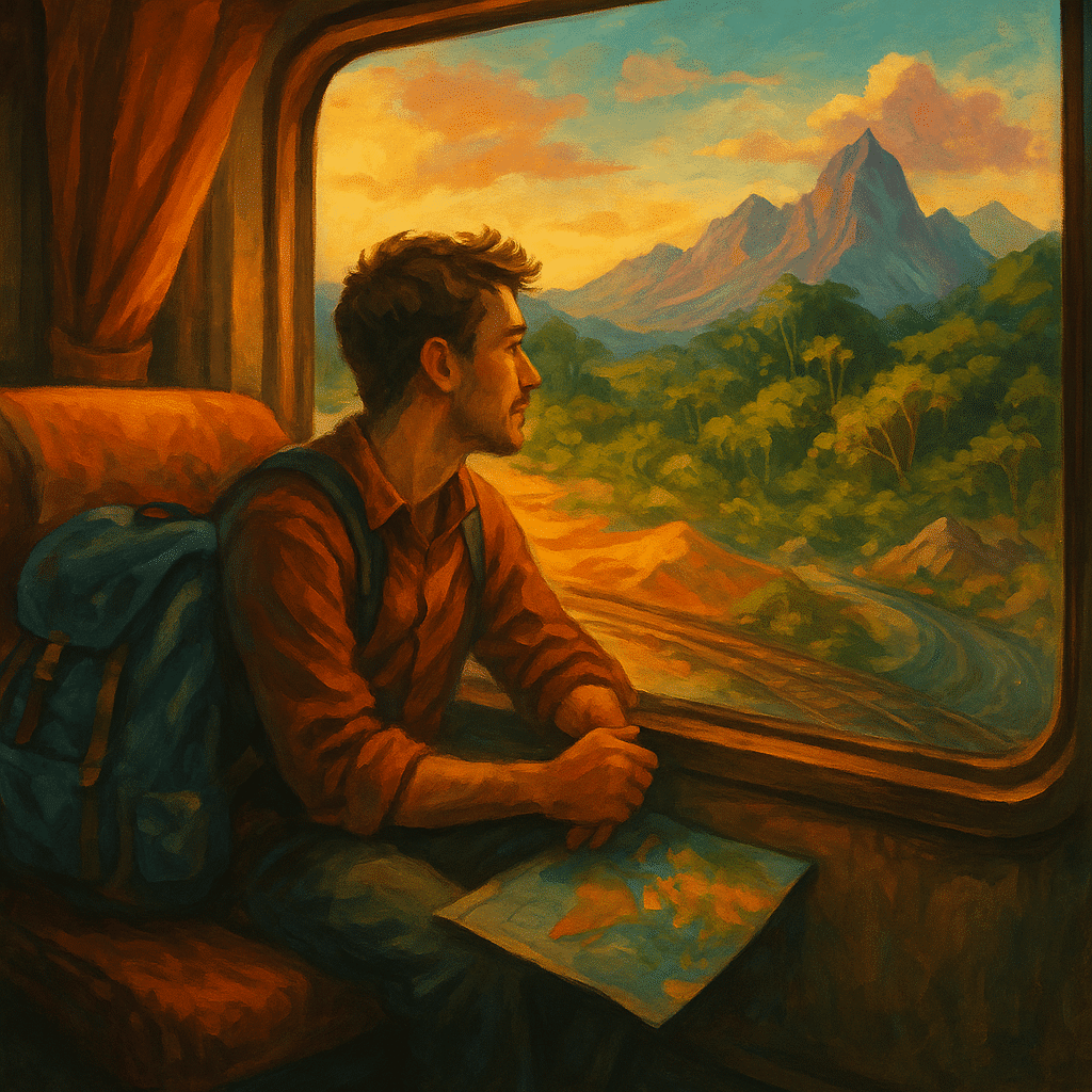 Hátizsákos utazó egy vonat ablakából néz ki, miközben hegyek és erdők suhannak el mellette – a minden országot bejárni repülés nélkül életérzést bemutatva