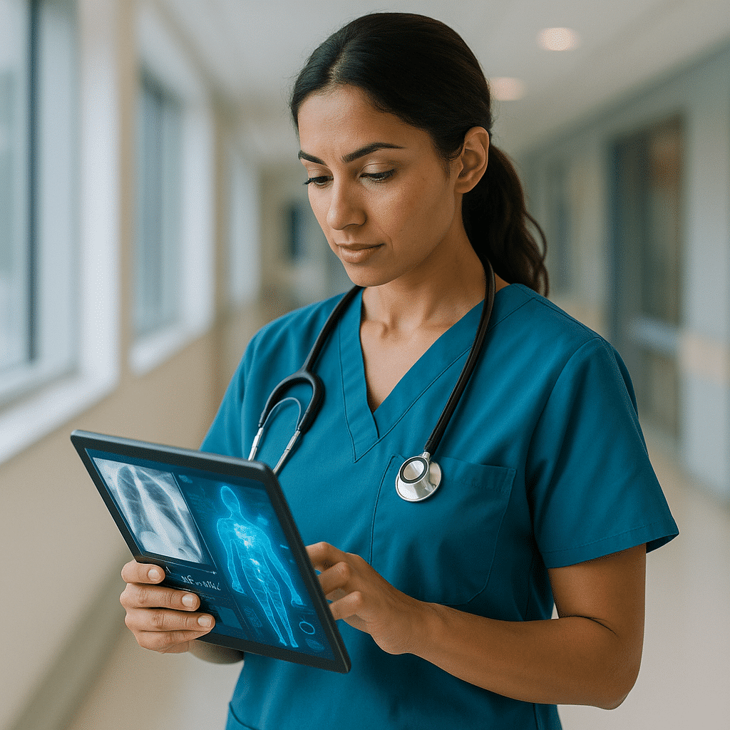 AI az egészségügyben – orvos mellkasröntgent és agyi felvételeket elemez mesterséges intelligenciával egy kórházi monitoron