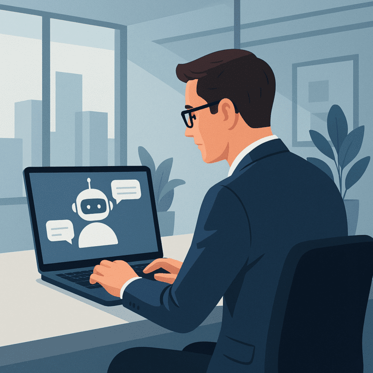 AI chatbotok – szemüveges üzletember laptopon beszélget egy virtuális asszisztenssel, beszédablakokkal, irodai környezetben