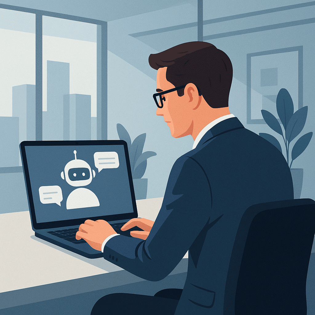 AI chatbotok – szemüveges üzletember laptopon beszélget egy virtuális asszisztenssel, beszédablakokkal, irodai környezetben