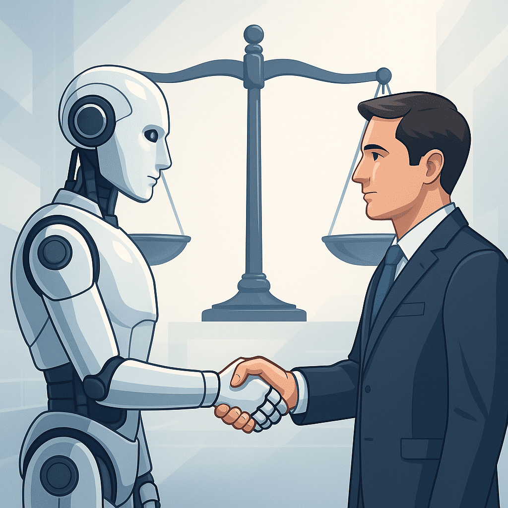AI etika – üzletember és robot kézfogása igazságmérleg előtt, a felelős mesterséges intelligencia szimbóluma