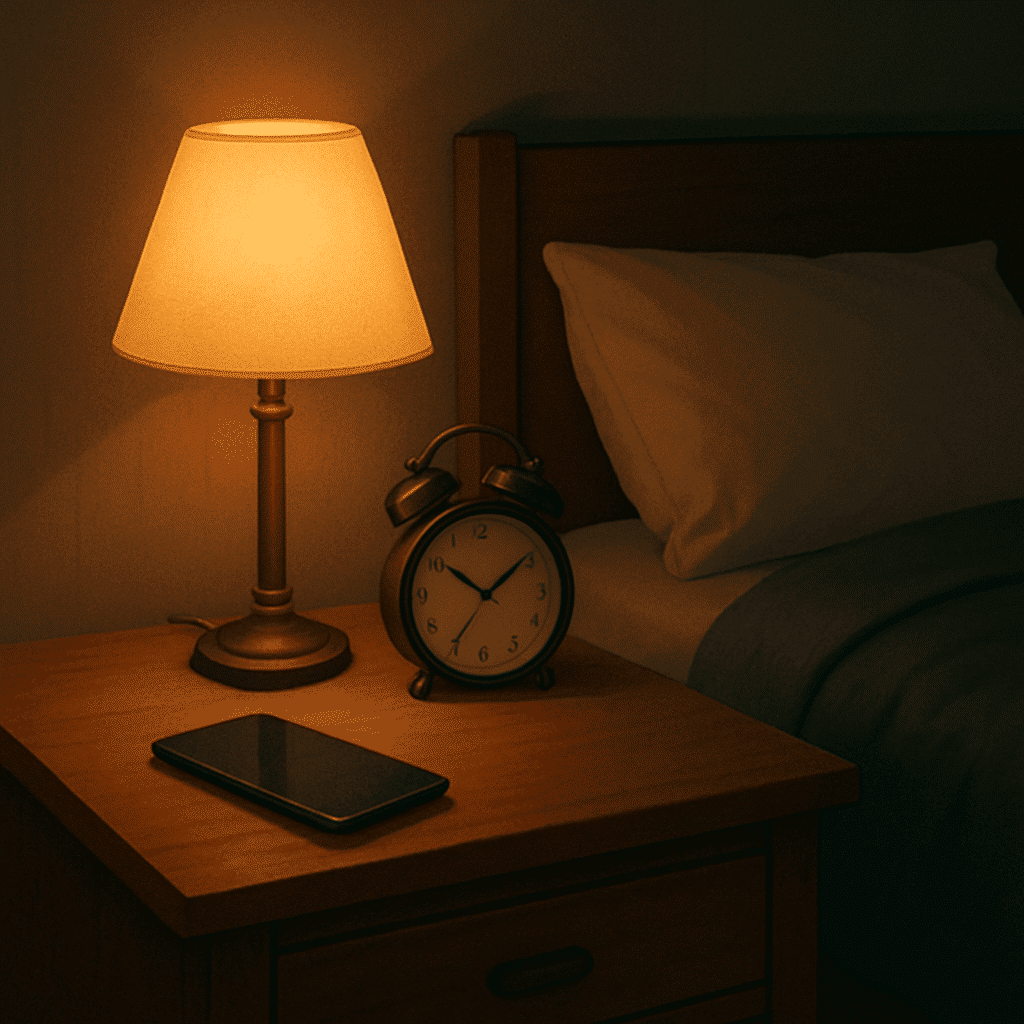 Alvás tudománya: fény, képernyők és esti rutin alvás tudománya – éjjeliszekrény lámpával, ébresztőórával és okostelefonnal az ágy mellett, meleg fényben