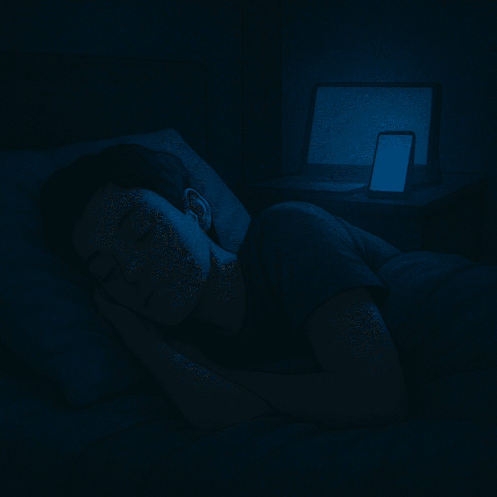 alvás tudománya – alvó személy sötét szobában, háttérben kéken világító telefon és tablet, a kékfény alvásra gyakorolt hatásának szemléltetése