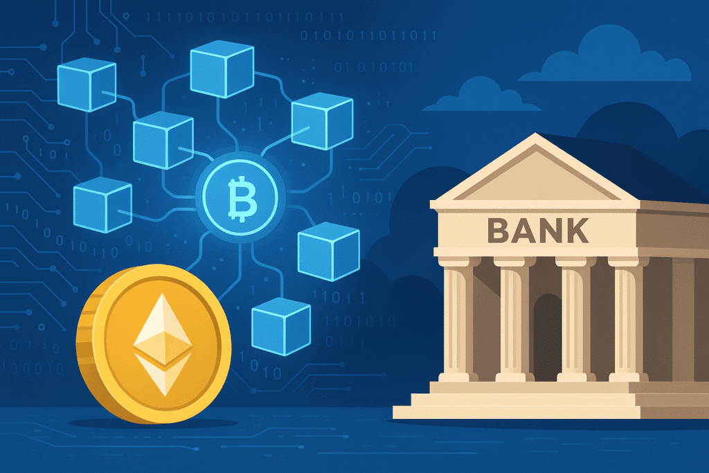 Illusztráció a decentralizált pénzügy világáról, ahol Bitcoin és Ethereum szimbólumok jelennek meg egy banképület mellett, utalva a blokklánc és a hagyományos pénzügy közötti különbségre