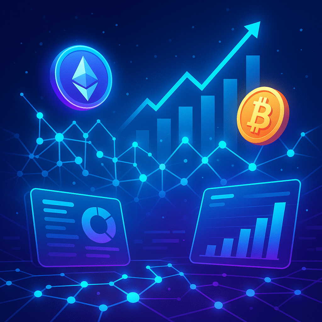 Defi platformok – Bitcoin és Ethereum ikonok emelkedő grafikonok és blokklánc-hálózat hátterében, analitikai panelekkel