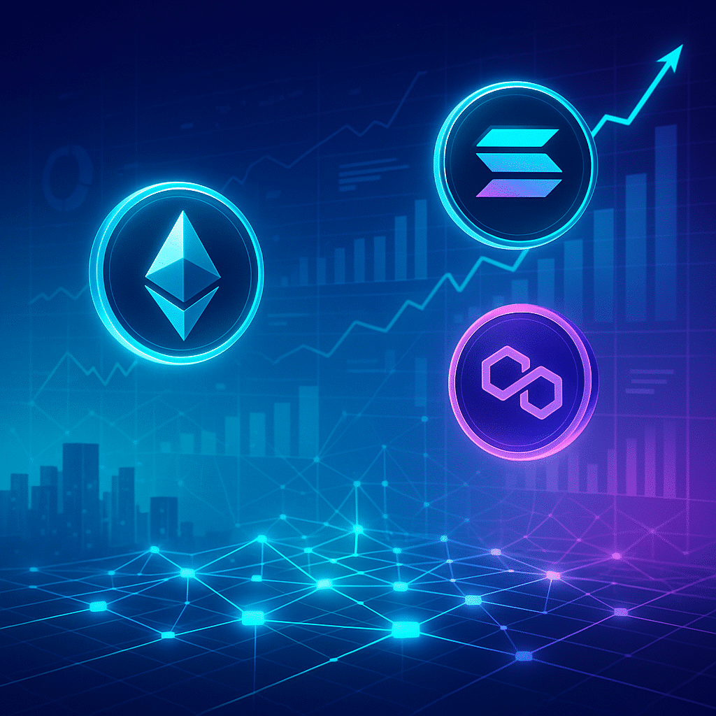Defi platformok – Ethereum, Solana és Polygon logók hálózati gráf és emelkedő árfolyamgrafikonok előtt