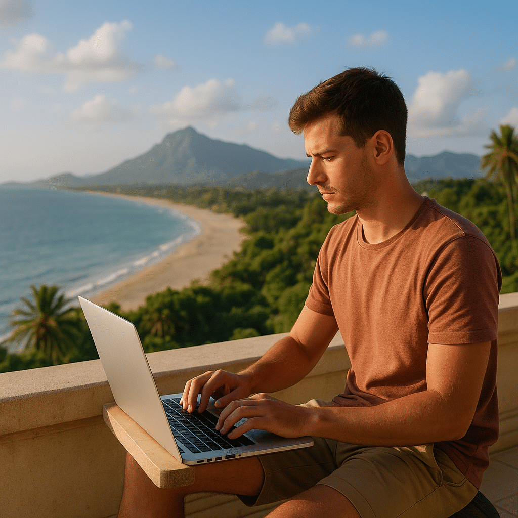 Fiatal férfi laptopon dolgozik egy tengerparti erkélyen, a háttérben pálmafákkal és hegyekkel, a digitális nomád életmódot szimbolizálva