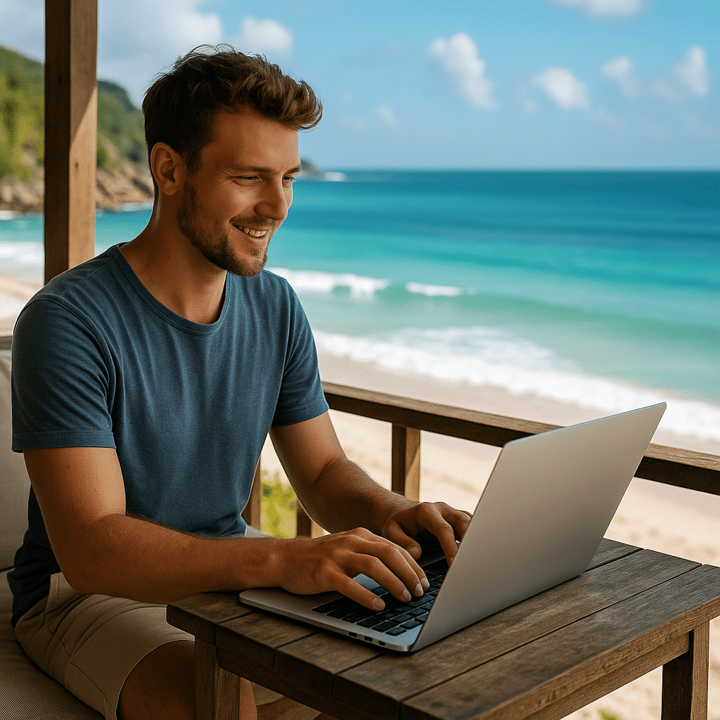 Mosolygó fiatal férfi laptopon dolgozik egy tengerparti teraszon, a háttérben az óceán és kék ég látható, a digitális nomád életmódot bemutatva