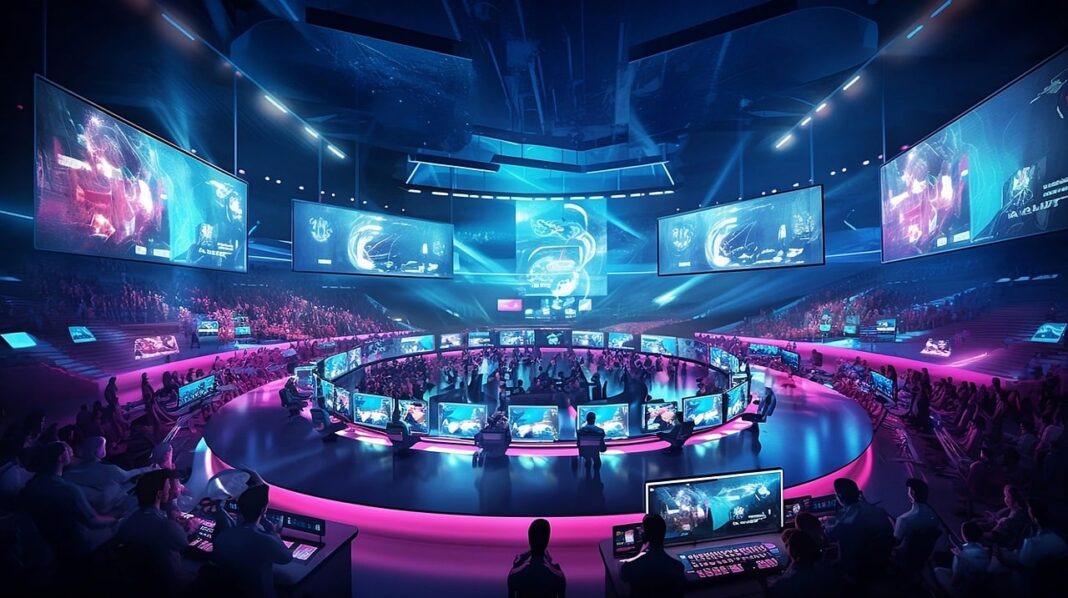 Modern e-sport aréna fényekkel és kivetítőkkel, ahol játékosok és nézők követik a digitális versenyeket – esport története