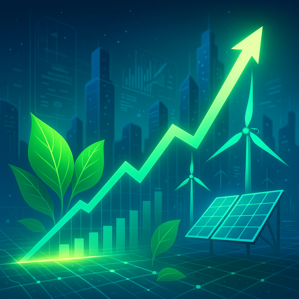 fenntartható befektetés – zöld növekedést jelző grafikon levelekkel, szélturbinákkal és napelemekkel városi háttér előtt