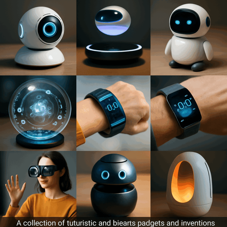 Különféle futurisztikus találmányok és kütyük, köztük lebegő robotok, holografikus kijelzők, okosórák és AR-szemüveg – 2025 furcsa technológiai újításai