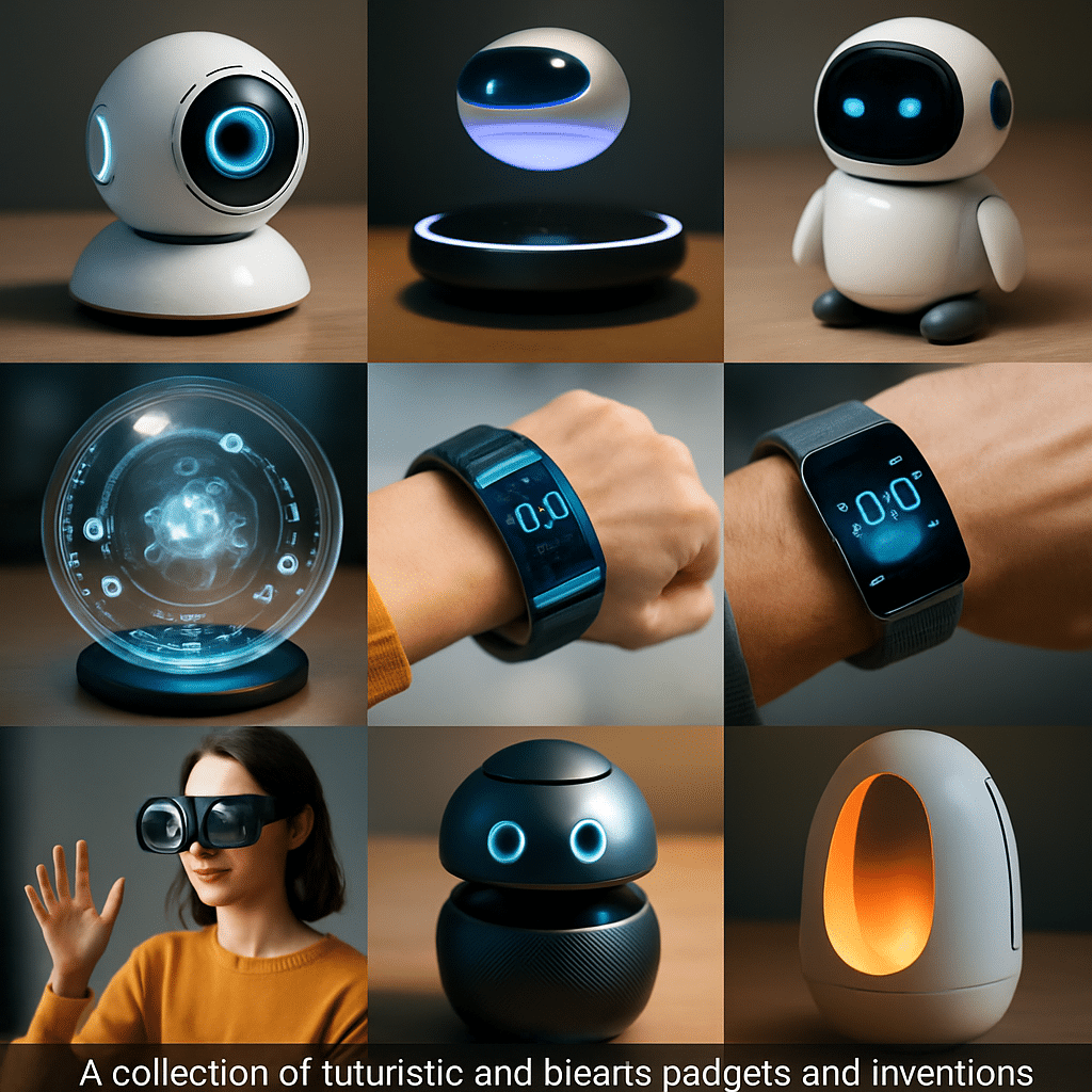 Különféle futurisztikus találmányok és kütyük, köztük lebegő robotok, holografikus kijelzők, okosórák és AR-szemüveg – 2025 furcsa technológiai újításai