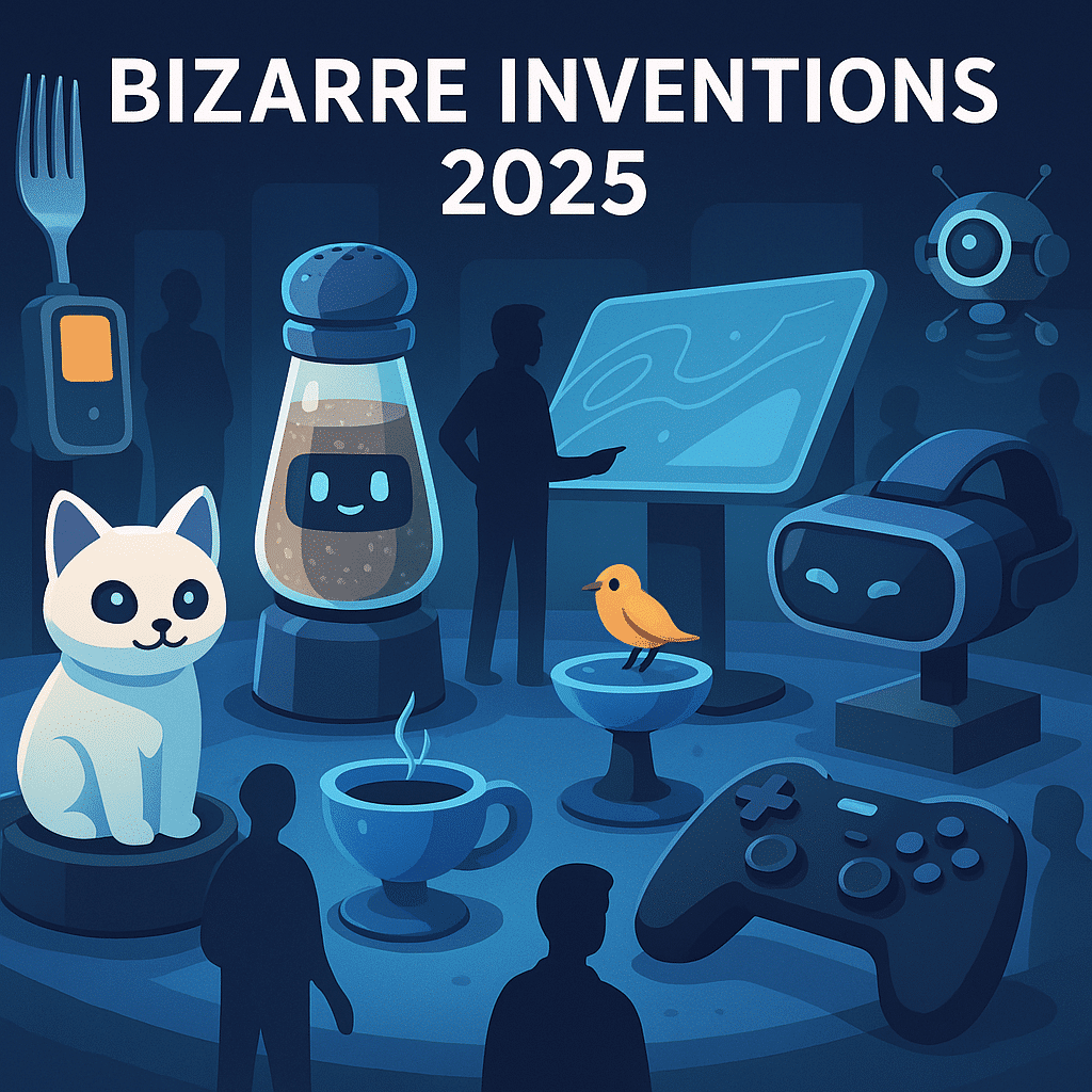 Futurisztikus illusztráció 2025-ös furcsa találmányokról, köztük robotmacska, VR-szemüveg, intelligens sótartó és önkeverő kávéscsésze