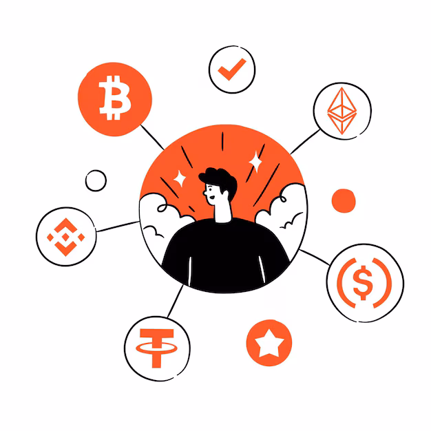 Digitális illusztráció grafikonokkal és kriptovaluta ikonokkal, vizuálisan bemutatva, hogyan kezdj kriptovalutába fektetni