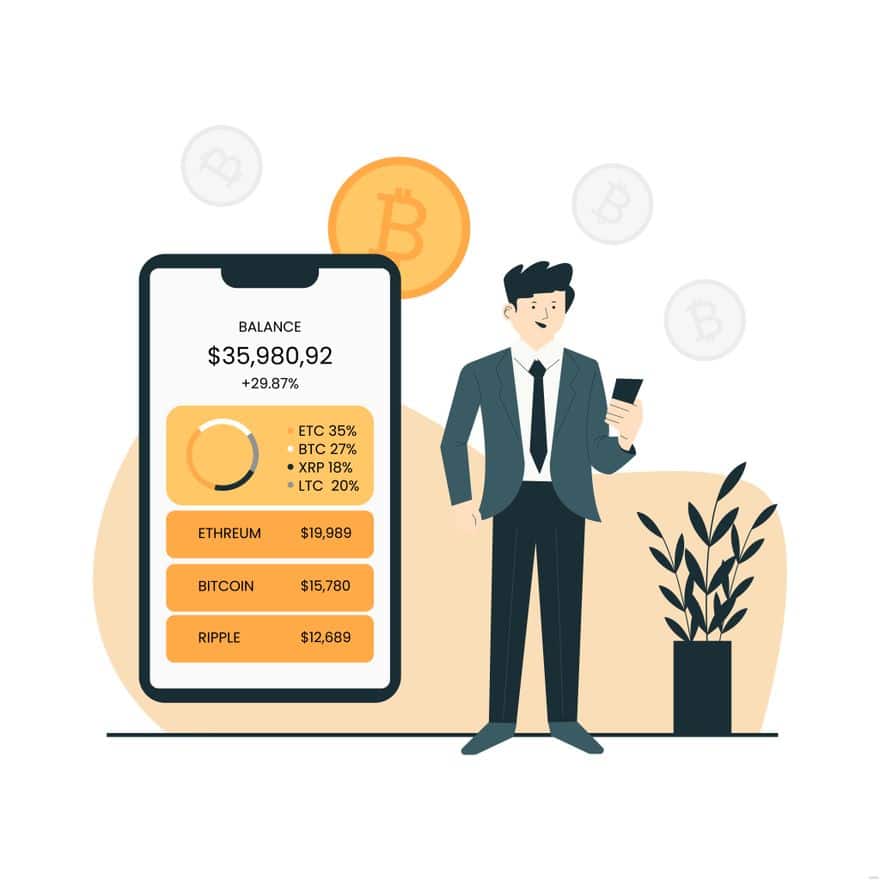 Egy üzletember a mobiltelefonján kriptovaluta portfólióját ellenőrzi, vizuálisan bemutatva, hogyan kezdj kriptovalutába fektetni