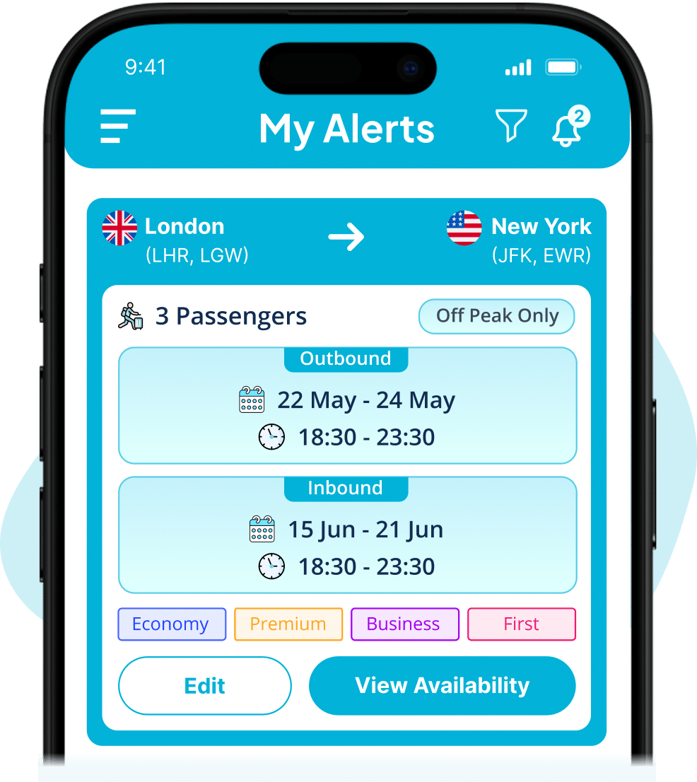 Mobilalkalmazás képernyője, amely olcsó repülőjegyekre figyelmeztetéseket mutat London és New York között