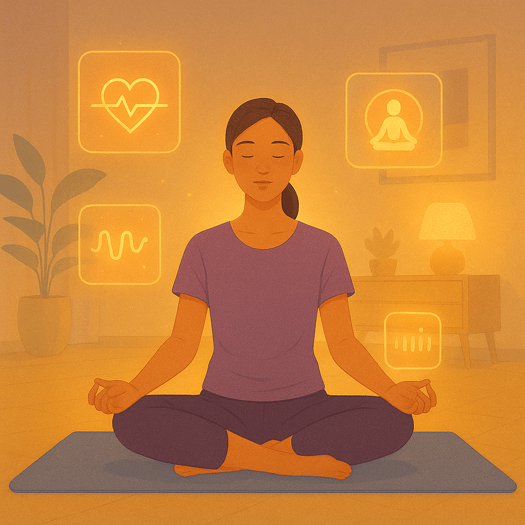 mindfulness 2025 – nő otthon meditál jógaszőnyegen, körülötte egészség- és meditációs app ikonok lebegnek