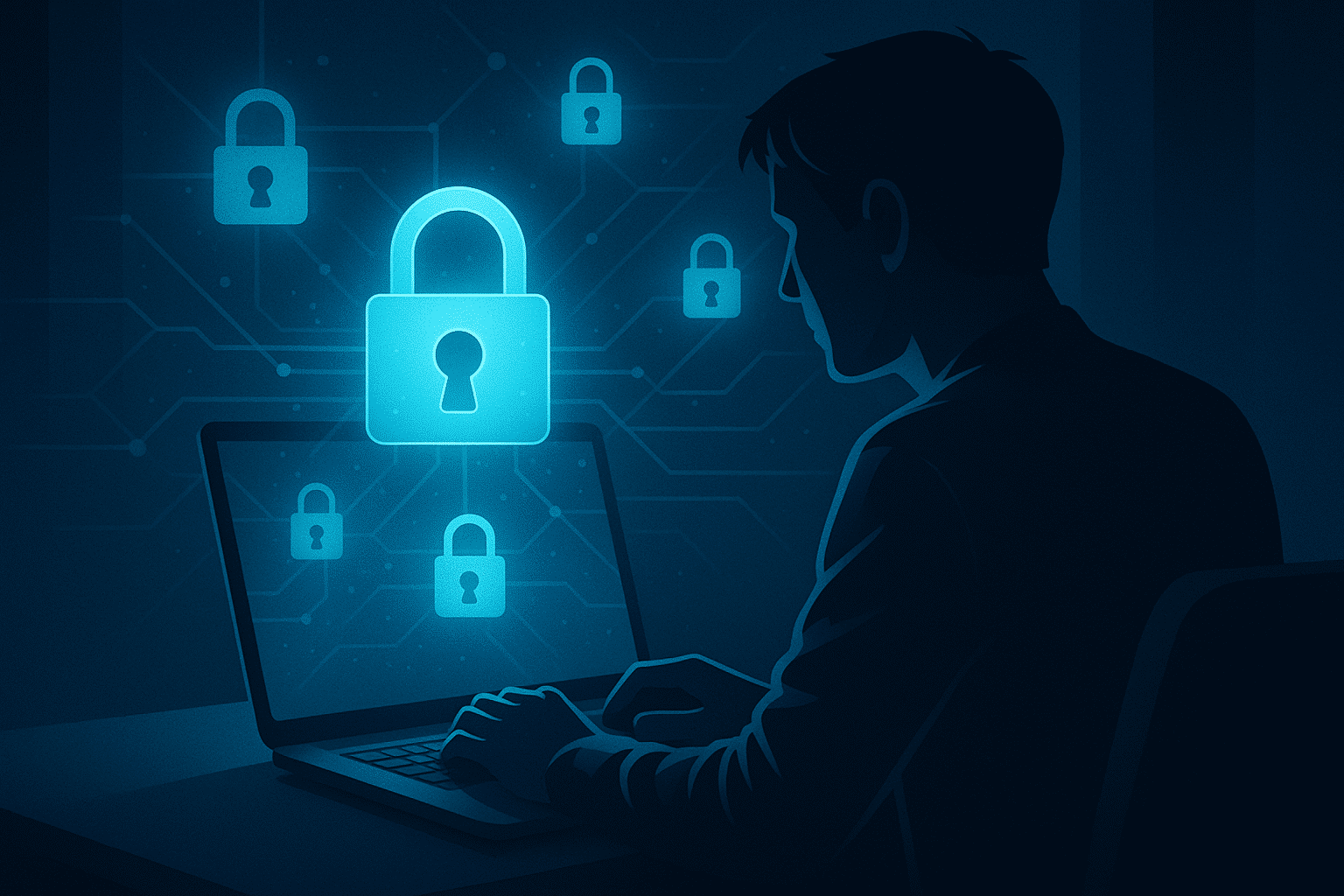 Laptop előtt ülő ember sziluettje kék fényben, lebegő lakat ikonokkal az online adatvédelem szimbólumaként
