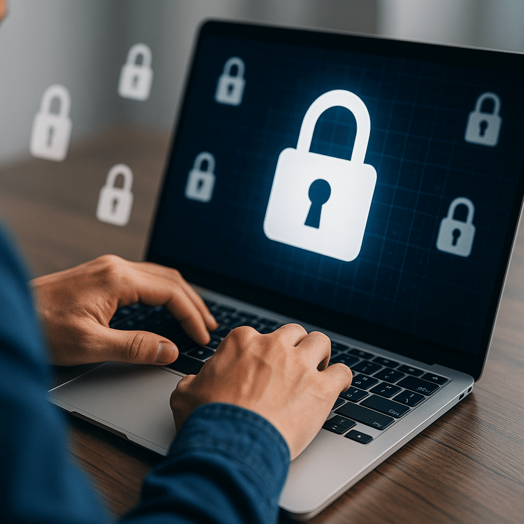 Laptopon dolgozó személy, akinek képernyőjén biztonsági lakat ikonok láthatók, az online adatvédelem szimbólumaként