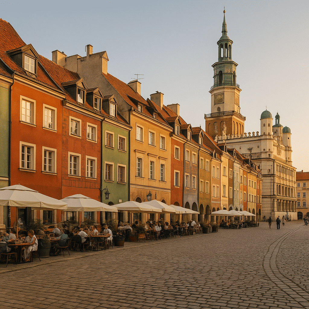 Színes házakkal és teraszos kávézókkal teli történelmi utca egy rejtett európai városban naplementekor