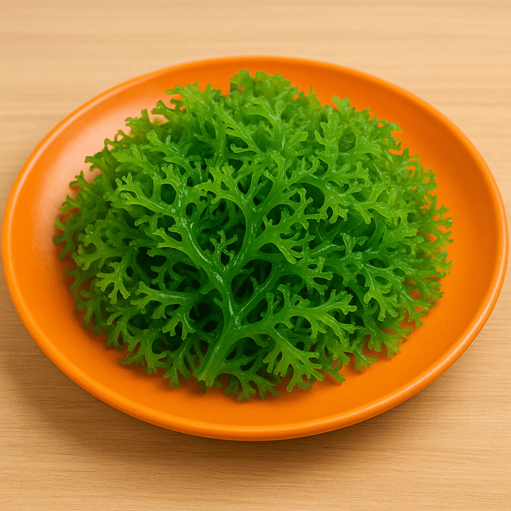 Friss, élénkzöld tengeri alga egy narancssárga tányéron, a szuperételek 2025-ös egészséges táplálkozási trendjeinek illusztrációjaként