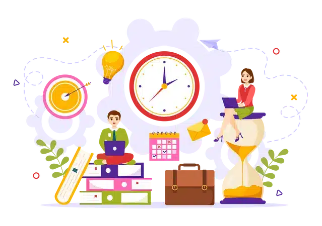 Két ember laptopon dolgozik egy nagy óra és naptár mellett, illusztrálva a produktivitás növelését időgazdálkodási stratégiákkal