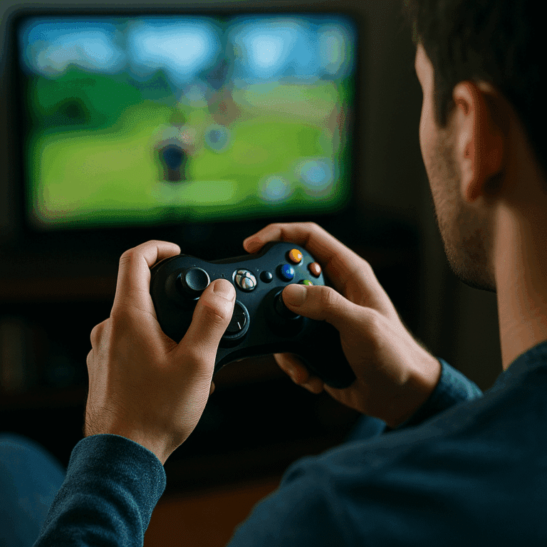 Egy fiatal férfi videojátékot játszik kontrollert tartva a kezében, a képernyőn futó játék pszichológiai hatásait szimbolizálva