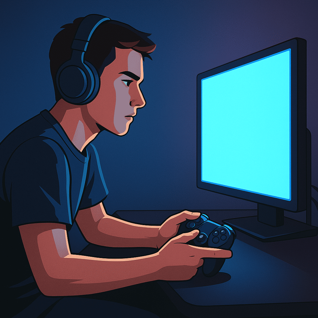 Rajzolt illusztráció egy fiatal férfiról, aki fejhallgatóval és kontrollerrel a kezében játszik, a videójátékok pszichológiáját szimbolizálva