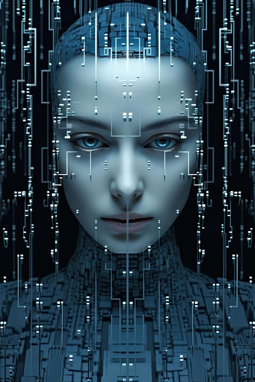 Nő digitális felületen dolgozik futurisztikus holografikus hálózattal – a mesterséges intelligencia jövője és a technológiai innováció jelképe