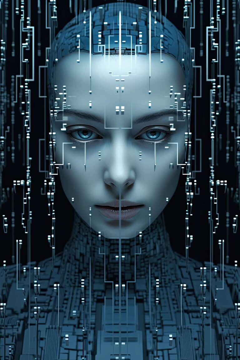 Nő digitális felületen dolgozik futurisztikus holografikus hálózattal – a mesterséges intelligencia jövője és a technológiai innováció jelképe