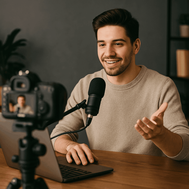 Fiatal férfi mikrofonba beszél és kamerába néz, YouTube-videót rögzít laptop segítségével, a modern tartalomgyártás 2025-ös trendjeit bemutatva