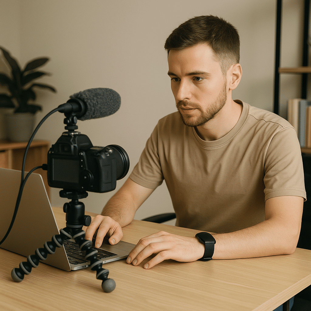 Fiatal férfi YouTube-videót vesz fel professzionális kamerával és mikrofonnal, miközben laptopon dolgozik – a modern tartalomgyártás 2025-ben